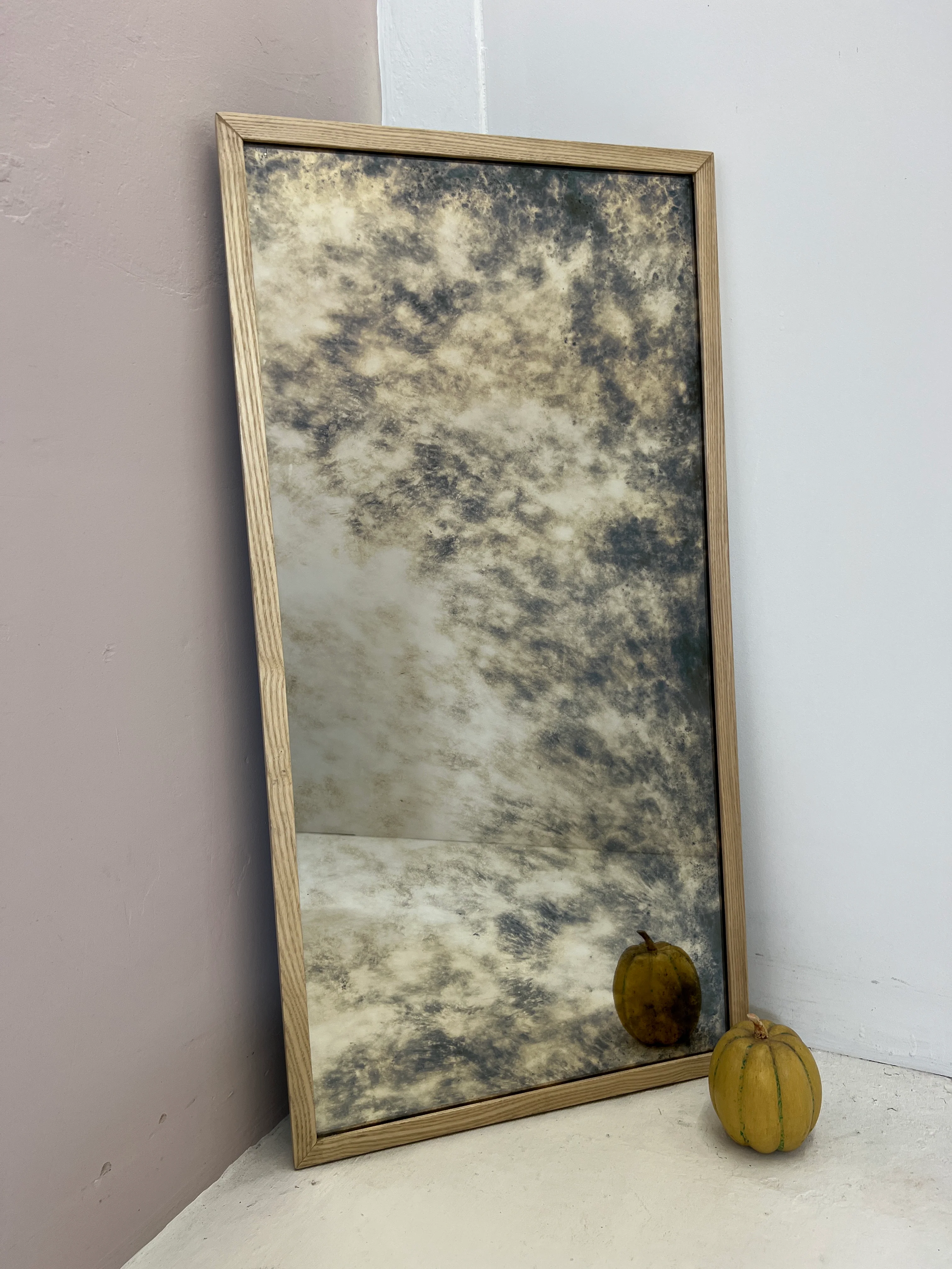 Oak framed antiqued mirror - 470 x 930mm